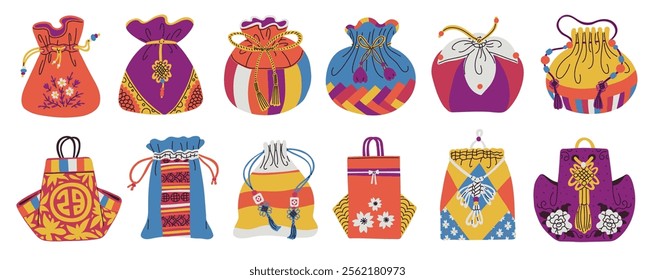 Vector illustration depicting a set of Korean luck bags with traditional ornaments with oriental symbols and flowers. Cartoon-style design for festive events.