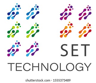 Vector illustration depicting a set of molecules in different colors on a white background, placed in parallel. Graphics symbolize communications and connections. Made in a flat design. 