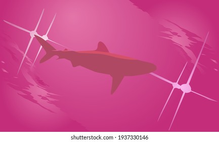 ilustración vectorial que representa a un tiburón en la vastedad del océano en tonos rosas