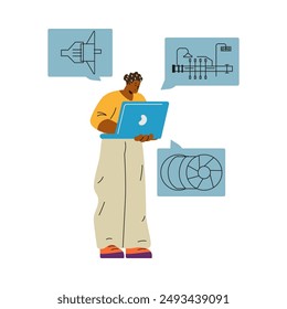 Vector illustration depicting a shipbuilding engineer working with a laptop, on the screen of which diagrams and drawings of marine equipment are presented. Flat style. Isolated background.