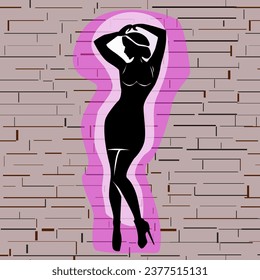 Vektorgrafik, die eine Silhouette eines tanzenden Mädchens in Form von Graffiti an der Wand abbildet, für die Dekoration von Innenräumen und Szenen im Stil der Straße

