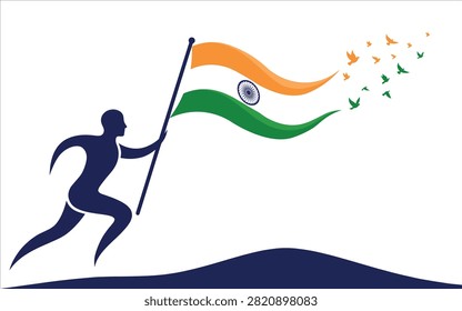 A vector illustration depicting a silhouette of a person running with the waving Indian flag and flying birds against a white background, symbolizing India's Independence Day.