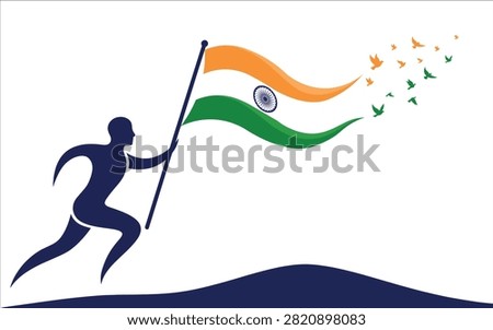 A vector illustration depicting a silhouette of a person running with the waving Indian flag and flying birds against a white background, symbolizing India's Independence Day.