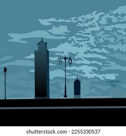 vector illustration depicting silhouettes of a tower and street lamps against a cloudy sky in vintage style for prints on postcards, covers, banners and for interior design