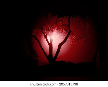 vector illustration depicting silhouettes of trees in red reflections on a dark background for decoration of interior backgrounds and prints on postcards and banners