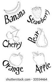 	 Vector illustration depicting six different fruits and their names written next to it. The design is black and white and can be colored at will (album coloring for children)