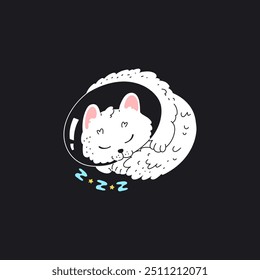 Vector illustration depicting a sleeping space cat on an isolated black background. A charming white cat in a spacesuit is fast asleep. Cat astronaut. Flat cartoon illustration.