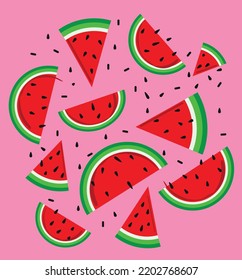 Vector illustration depicting slices of red watermelon with a scattering of black seeds, with a light green rind, made in bright saturated colors on a bright pink background.