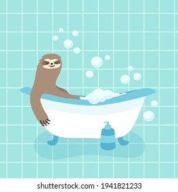 Vector illustration depicting a sloth in the bathroom. Cute baby print.