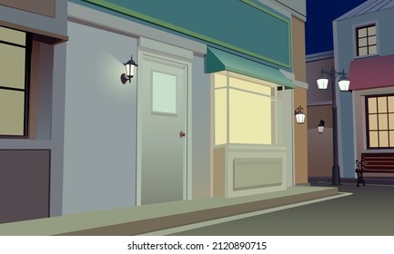 vector illustration depicting a small evening street in cartoon and vintage style for stage decorations, banners, postcards