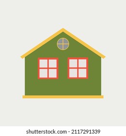 Vector illustration depicting a small green house with two windows, a yellow roof on a transparent background. Vector clip-art.