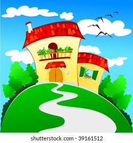 Vector illustration depicting a small house in the countryside