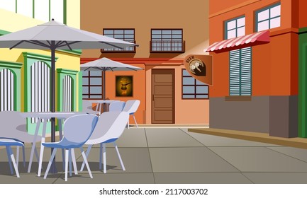 vector illustration depicting a small street and an open-air cafe for decorating scenes of interiors, banners, postcards and backgrounds in the style of travel and vacation