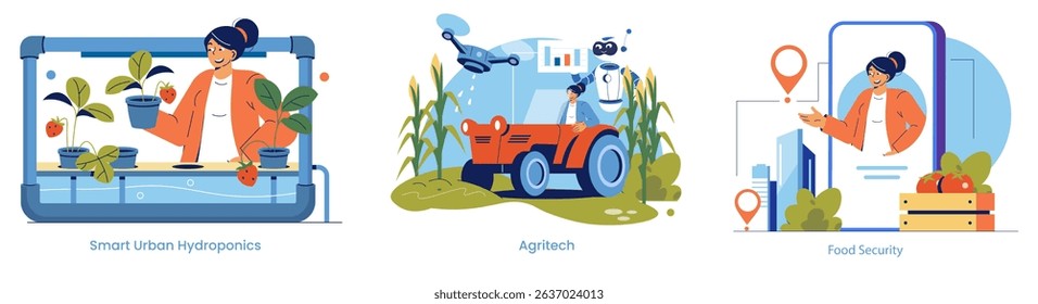 Vector illustration depicting smart urban hydroponics, advanced agritech with drones and robotics, and food security depicted by a cheerful person interacting with technology-driven agriculture.