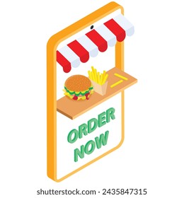 A vector illustration depicting a smartphone displaying a fast food app with a hamburger and french fries on the screen, with a prominent "Order Now" button. Ideal for mobile app development, food del