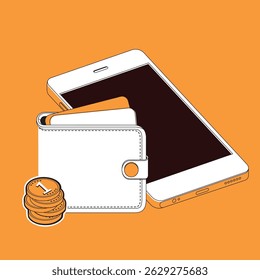 Vektorgrafik mit einem Smartphone neben einer Geldbörse und Münzen auf orangefarbenem Hintergrund. Das Bild zeigt Konzepte für mobile Zahlungen, digitale Brieftaschen und Fintech.