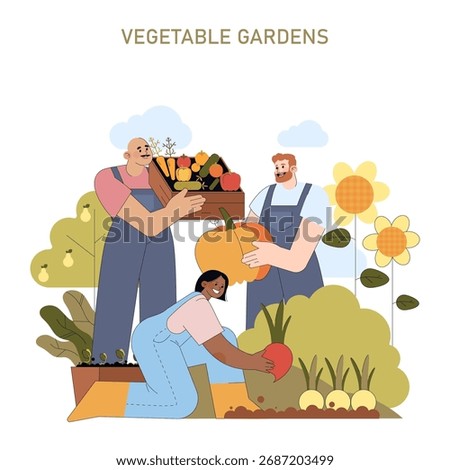 Vector illustration depicting smiling individuals in a community garden, harvesting a variety of fresh vegetables like pumpkins and radishes, promoting teamwork and sustainability.