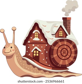 A vector illustration depicting a snail with its house -shaped shell.