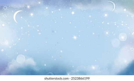 Uma ilustração vetorial representando um céu azul suave preenchido com estrelas cintilantes, luas de crescente delicadas e nuvens suaves. A cena evoca tranquilidade e calma com seus elementos celestes sutis.