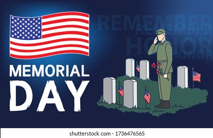 Vector Illustration Depicting A Soldier Salutes Near The Monument To Fallen Soldiers. Memorial Day.