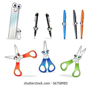 Vector illustration depicting some fun stationery items with a funny smiling faces