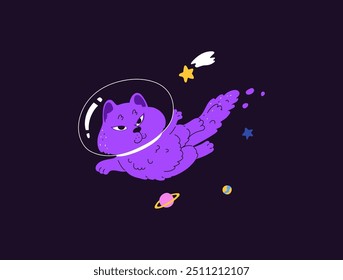 Vector illustration depicting a space cat on an isolated black background. The adorable purple character travels the stars and planets on an enchanting space adventure. Flat style.