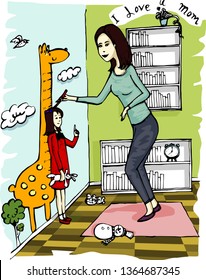 Vector illustration depicting stable family relationship of mother and daughter. Mom is measuring the height (physical growth) of her happy child.   