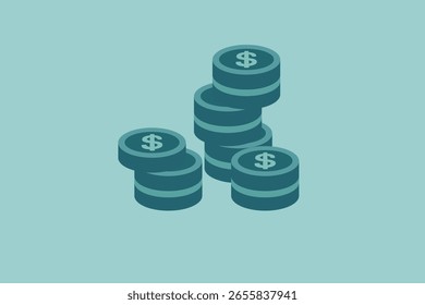 Ilustración vectorial que representa pilas de monedas en dólares que simbolizan conceptos monetarios como riqueza, ahorro e inversión sobre un fondo azul claro minimalista.