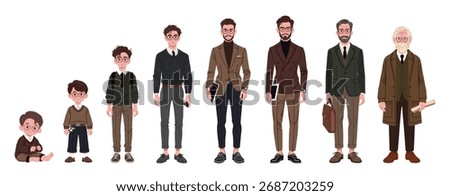 Vector illustration depicting the stages of a man's life from childhood to old age. Each phase shows different ages, from a baby to an elder, highlighting growth and development.