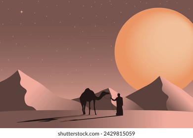 Vektor-Illustration, die eine Sternennacht und einen Reisenden in der Wüste zeigt.