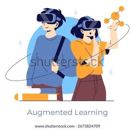 Vector illustration depicting students engaged in augmented learning using VR headsets. One is gesturing with excitement as they explore interactive educational content.