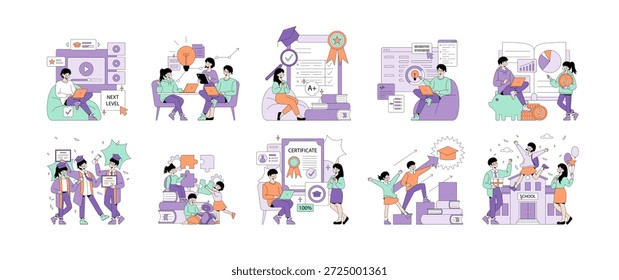 Vector illustration depicting students engaging in learning activities, achieving academic success, and celebrating graduation. Scenes include teamwork, coding, financial literacy, and graduation joy.
