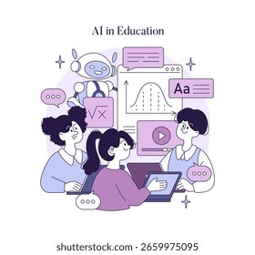 Vector illustration depicting students interacting with AI tools in an educational setting. A group of diverse students engages with technology and AI, illustrating modern learning.