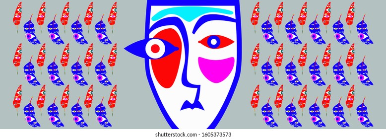 vector illustration depicting a stylized or abstract portrait of a man and bird feathers on a background with a pattern in the form of multi-colored eyes with bright and saturated colors