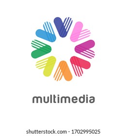 Ilustración vectorial que representa una flor estilizada con pétalos de colores combinados sobre un fondo blanco. Logo, icono para multimedia, digital, canal, impresión, tecnología, marca, identidad, etc.