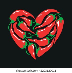 Vector illustration depicting a stylized heart consisting of hot chili peppers, bright red on a dark gray background, for prints, textiles, menus and web design.