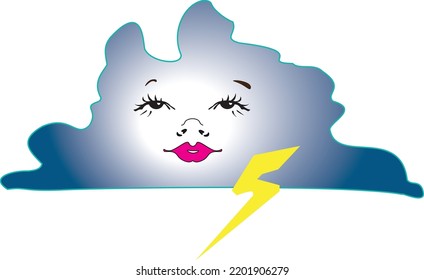 Vector illustration depicting a stylized thundercloud with eyes, lips, and lightning, rendered in bright colors for prints, textiles, polygraphs, and web design.