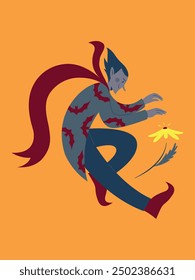 Vector illustration depicting a stylized vampire holding out his hand to a flower. Made in minimalist style. The character is isolated.