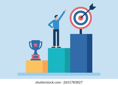 Vector illustration depicting a successful professional. The image shows a man on a podium with success symbols such as a trophy and a target, representing goal achievement and personal growth.