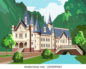 vector illustration depicting a summer park with a palace in a vintage style for prints on postcards, covers, banners, as well as for interior design and other illustrations in a cartoon style