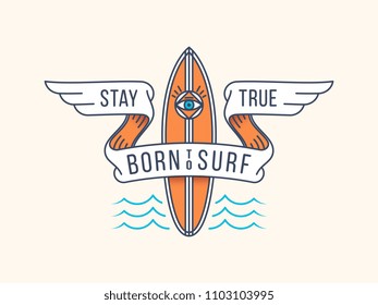 It's a vector illustration depicting a surfboard with an eye at the center and a costume badge