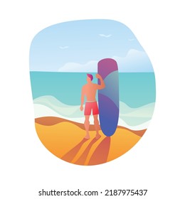 Vektorgrafik mit einem Surfer am Strand.