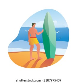 Vector illustration depicting a surfer on the beach. Summer holidays.