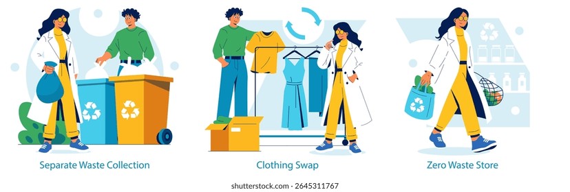 Vector illustration depicting sustainable lifestyle activities like separate waste collection, clothing swap, and shopping at a zero waste store. Emphasizes environmental responsibility.