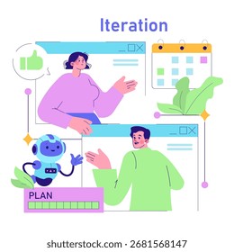 Ilustración vectorial que representa a un equipo que colabora en el desarrollo de software. Cuenta con diversos miembros del equipo que discuten la planificación iterativa con herramientas digitales y un asistente robot amigable.
