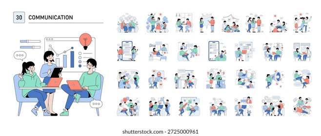 Vector illustration depicting a team collaboration session with three people discussing data on laptops and tablets. The setting emphasizes communication and brainstorming.