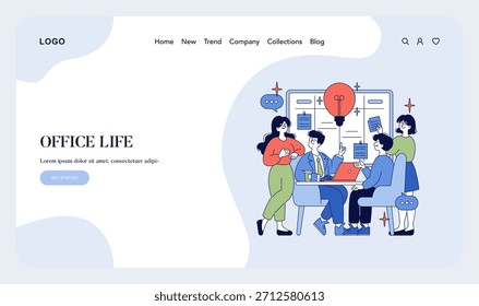 Vector illustration depicting a team of professionals engaging in a collaborative discussion in an office setting. Group interaction and sharing of ideas around a conference table.
