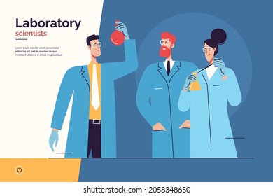 Vector illustration depicting a team of scientists at work in the laboratory. Editable stroke.