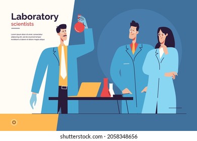 Vector illustration depicting a team of scientists at work in the laboratory. Editable stroke.