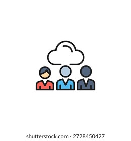 Ilustração vetorial representando uma equipe de três indivíduos trabalhando juntos sob uma nuvem, simbolizando colaboração e unidade em um espaço de trabalho digital.